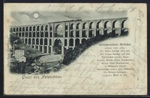 Mondschein-AK Netzschkau, die Göltzschtal Brücke mit Fabrik