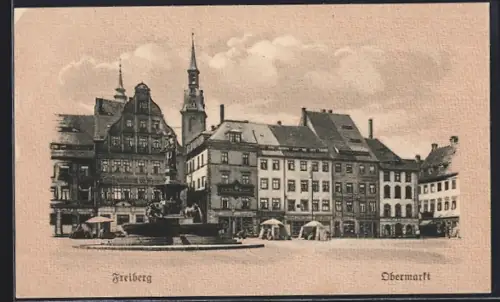 Künstler-AK Freiberg / Sachsen, Obermarkt mit Weinhandlung