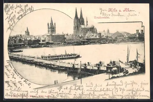 AK Köln a. Rh., Blick auf Bootsbrücke und Dom