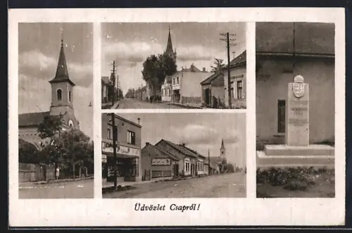 AK Csap, Kirche und Denkmal im Ort