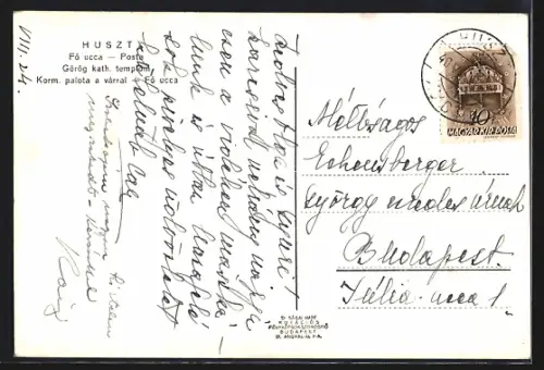 AK Huszt, Fa ucca, Posta, Görög kath. templom