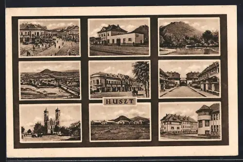 AK Huszt, Bahnhof, Strassenpartie im Ort