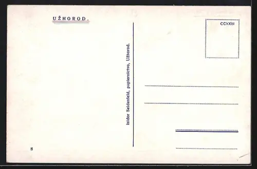 AK Uzhorod, Strassenszene am Hotel Korona Szallo, mit Passanten und Omnibus