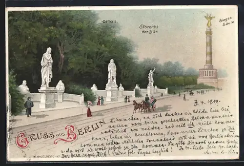 Lithographie Berlin-Tiergarten, Siegessäule, Albrecht der Bär, Otto I., Otto II.