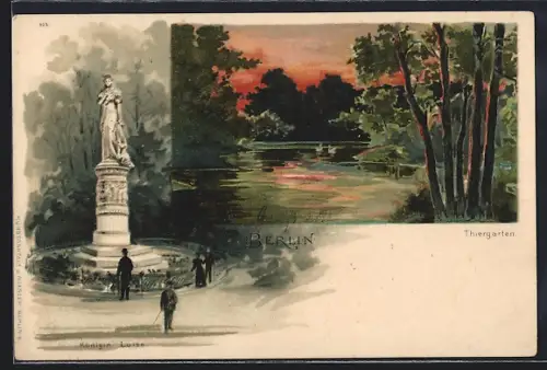 Lithographie Berlin-Tiergarten, Partie im Tiergarten, Denkmal Königin Luise