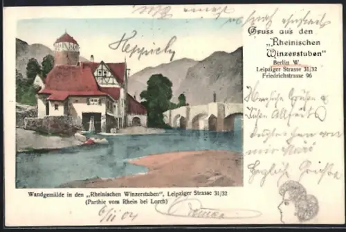Künstler-AK Berlin, Rheinische Winzerstuben, Leipziger Strasse 31-32, Partie vom Rhein bei Lorch