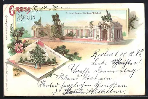 Lithographie Berlin, National-Denkmal für Kaiser Wilhelm I und Schloss-Brunnen