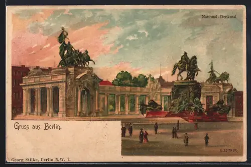 Lithographie Berlin, Blick auf das National Denkmal