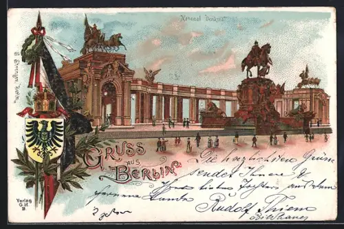 Lithographie Berlin, National-Denkmal, Reiterstandbild, Kolonnaden