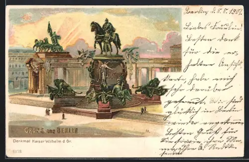 Lithographie Berlin, Partie am Denkmal Kaiser Wilhelm d. Gr.