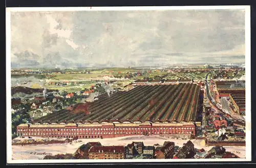 Künstler-AK Essen, Krupp Lokomitv- u. Wagenbauwerke