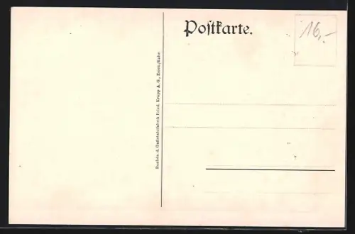 Künstler-AK Essen, Fabrikarbeiter beim Abstechen eines Ofens, Martinwerk, Aus der Kruppschen Gussstahlfabrik