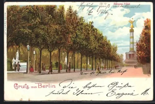 Lithographie Berlin-Tiergarten, Sieges-Allee mit Denkmal
