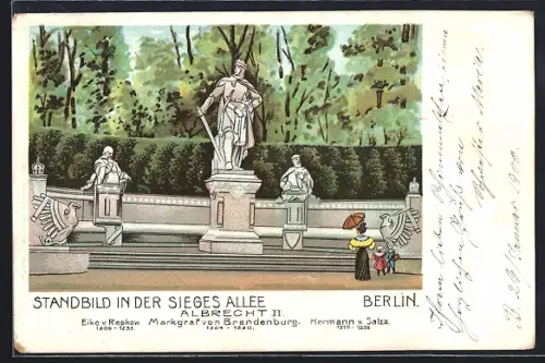 Lithographie Berlin-Tiergarten, Standbild Albrecht II. in der Siegesallee