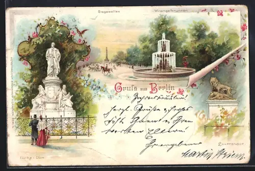 Lithographie Berlin-Tiergarten, Siegesallee mit Wrangelbrunnen, Löwengruppe & Goethe-Denkmal