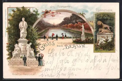 Lithographie Berlin-Tiergarten, Im Tiergarten, Goethe-Denkmal, Löwengruppe