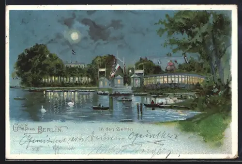 AK Berlin-Tiergarten, In den Zelten, Uferansicht mit Booten und Pavillons bei Nacht