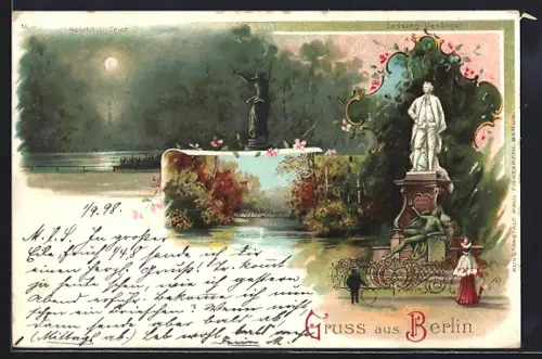 Lithographie Berlin-Tiergarten, Goldfisch-Teich, Lessing-Denkmal