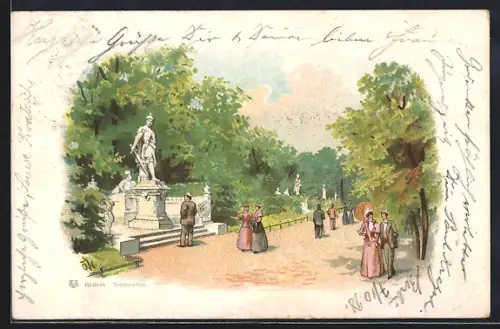Lithographie Berlin-Tiergarten, Siegesallee mit Denkmal