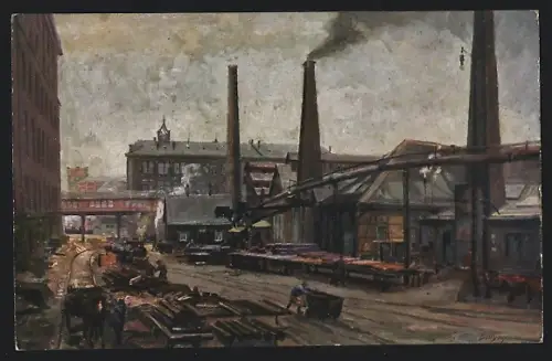 Künstler-AK Essen, Blick in die Gussstahlfabrik, Fabrikarbeiter bei der Arbeit