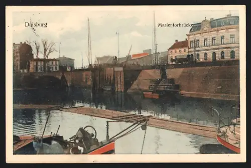 AK Duisburg, Marientorbrücke vom Wasser aus, Boote, Flösse