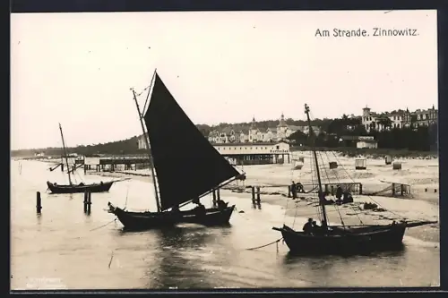 AK Zinnowitz, Strandpartie mit Herrenbad und Segelbooten