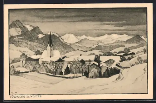 Künstler-AK Törwang, Ortsansicht mit Kirche im Winter
