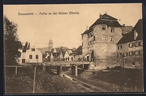 AK Donauwörth, Partie an der kleinen Wörnitz, mit Brücke
