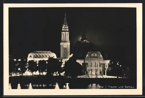AK Kiel, Theater und Rathaus bei Nacht