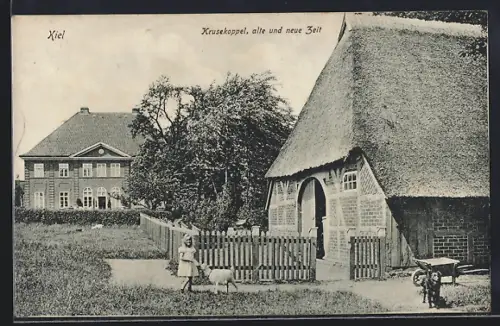 AK Kiel, Krusekoppel, alte und neue Zeit, Häuser mit Ziegel- und Reetdach