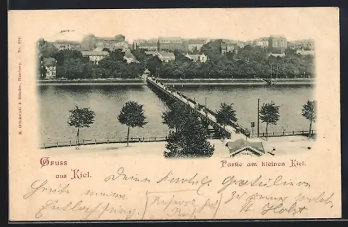 AK Kiel, Partie am kleinen Kiel, Brücke und Stadtpanorama