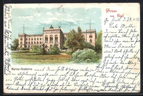 Lithographie Kiel, Marine-Akademie von einer Wiese aus