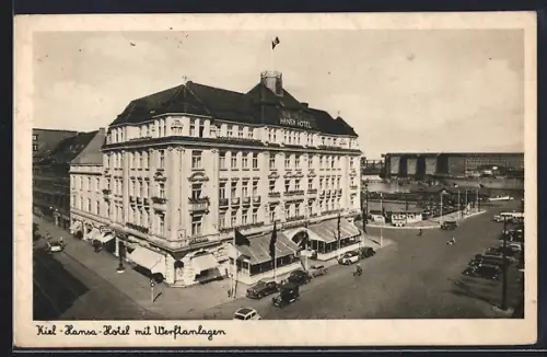 AK Kiel, Hansa-Hotel mit Werftanlagen aus der Vogelschau