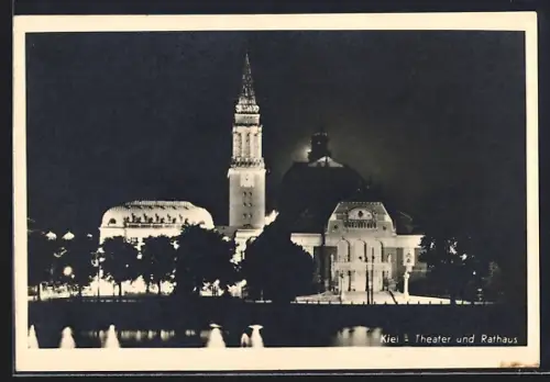 AK Kiel, Theater u. Rathaus mit festlicher Beleuchtung