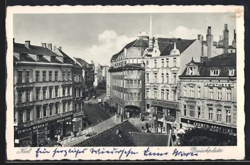 AK Kiel, Dreieckplatz mit Gaststätte Zum Patzenhofer aus der Vogelschau