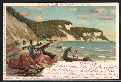 Lithographie Sassnitz, Strandspaziergänger vor den Kreidefelsen