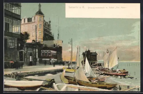 AK Sassnitz a. R., Strandpromenade mit Hotel Am Meer, Segelboote