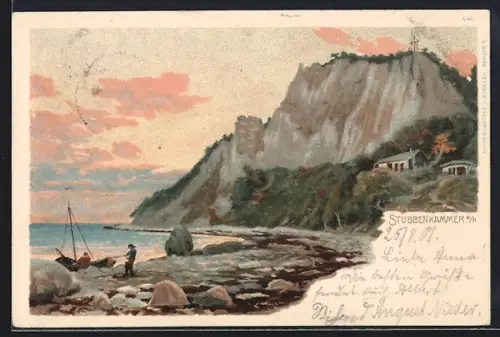 Lithographie Stubbenkammer a. R., Uferpartie mit Felsenblick