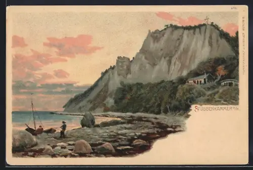 Lithographie Stubbenkammer a. R., Uferpartie mit Felsenblick im Sonnenschein