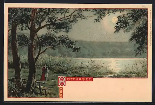 Lithographie Lohme /Rügen, Partie am Herthasee mit Paar im Sonnenschein