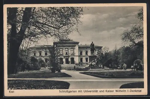 AK Kiel, Schlossgarten mit Universität und Kaiser Wilhelm I.-Denkmal