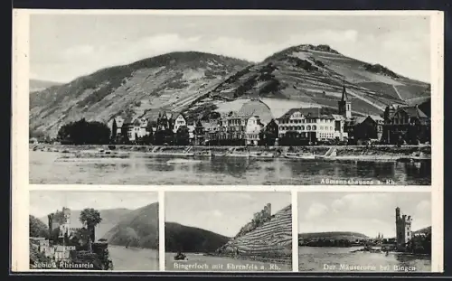 AK Assmannshausen a. Rh., Schloss Rheinstein, Bingerloch mit Ruine Ehrenfels, Mäuseturm bei Bingen
