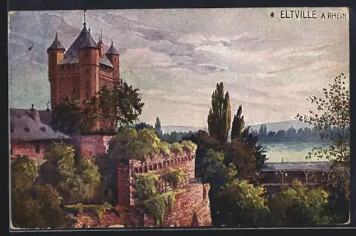 Künstler-AK Eltville, Burgfried und Wehrgang der ehemaligen Erzbischöflichen Burg