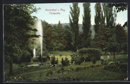 AK Marienthal i. Rhg., Parkpartie mit Statue