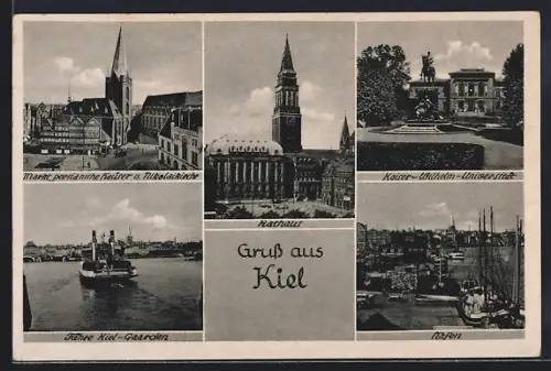 AK Kiel, Rathaus, Kaiser-Wilhelm-Universität, Fähre Kiel-Gaarden, Hafen