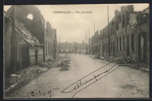 AK Vermelles, Rue principale, ruines