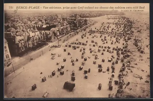 AK Berck-Plage, Vue aérienne, prise avec Cerf-volant au-dessus des cabines vers cote Sud