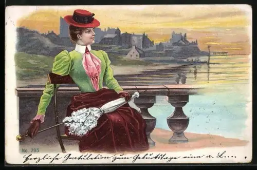 AK Elegante Dame mit weissem Schirm