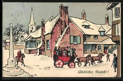 AK Winterlandschaft mit Kapelle und Kutsche, Neujahrsgruss