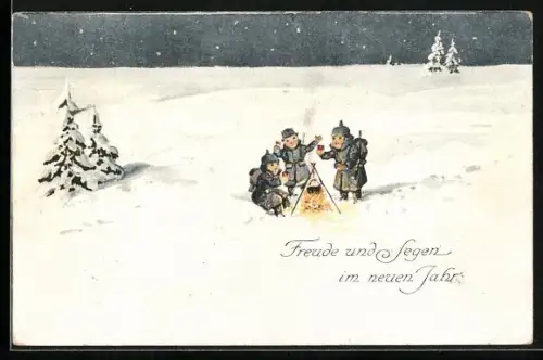 AK Kleine Soldaten an der Feuerstelle im Winter, Neujahrsgruss